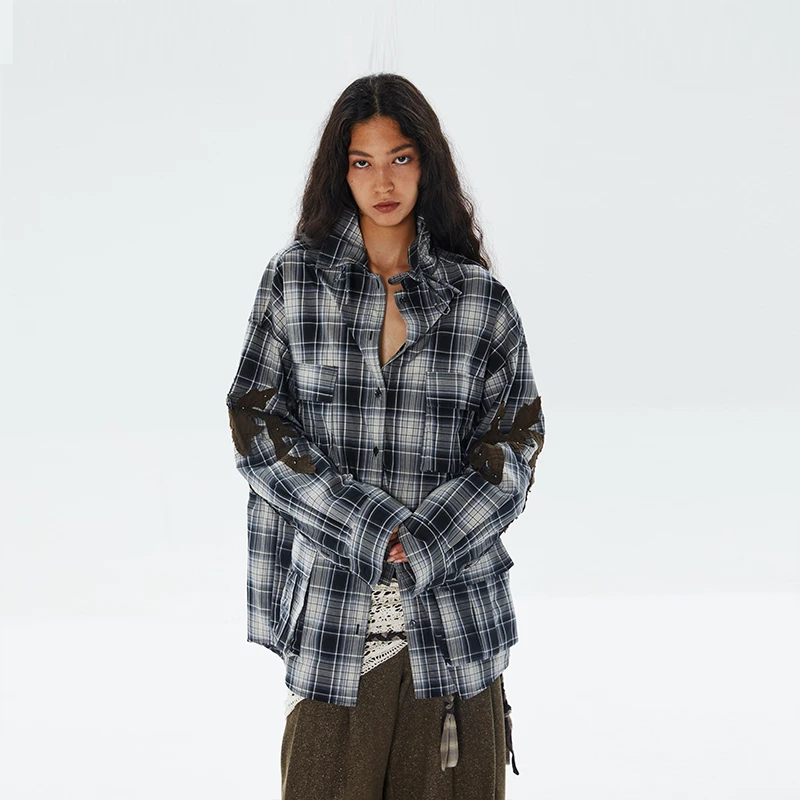 【SQUARE CIRCLE】方圆新品24秋冬黑白色格纹工装长袖衬衣女