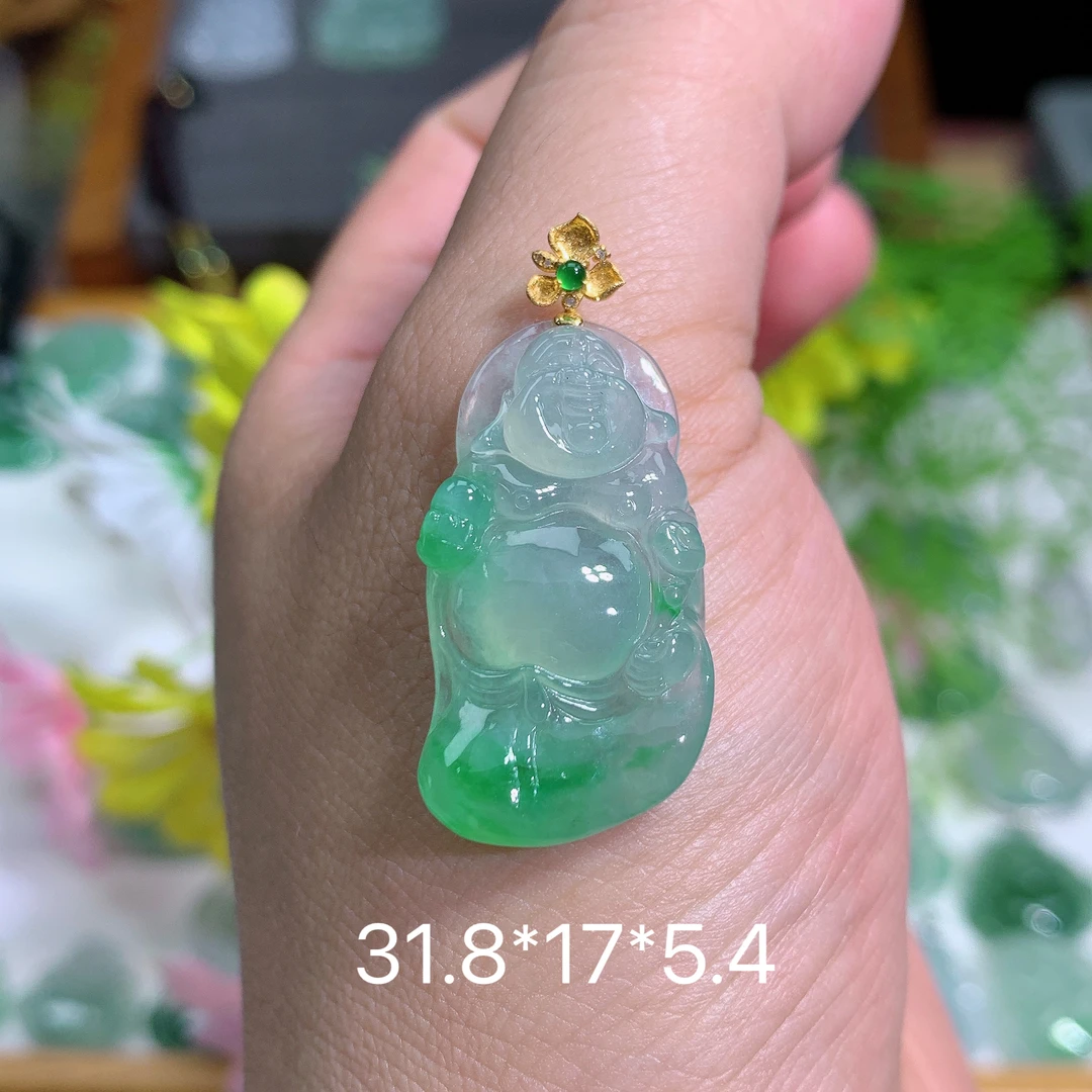 缅甸翡翠A货冰种阳绿佛公生吊坠挂件精美精致百搭水润冰透气质百