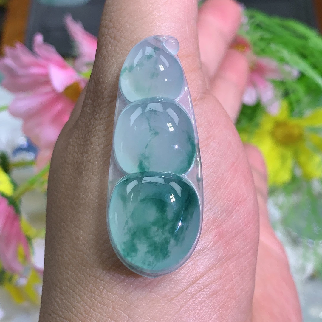 缅甸翡翠A货冰种飘花福豆品吊坠挂件尺寸雕刻玉石百玉石妈妈满绿