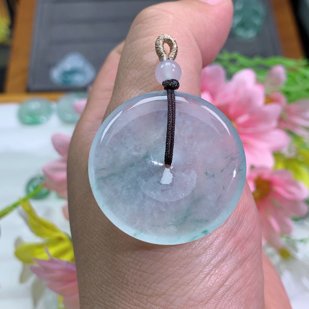 缅甸翡翠A货冰种飘花平安扣品吊坠挂件尺寸雕刻玉石挂坠玉石妈妈