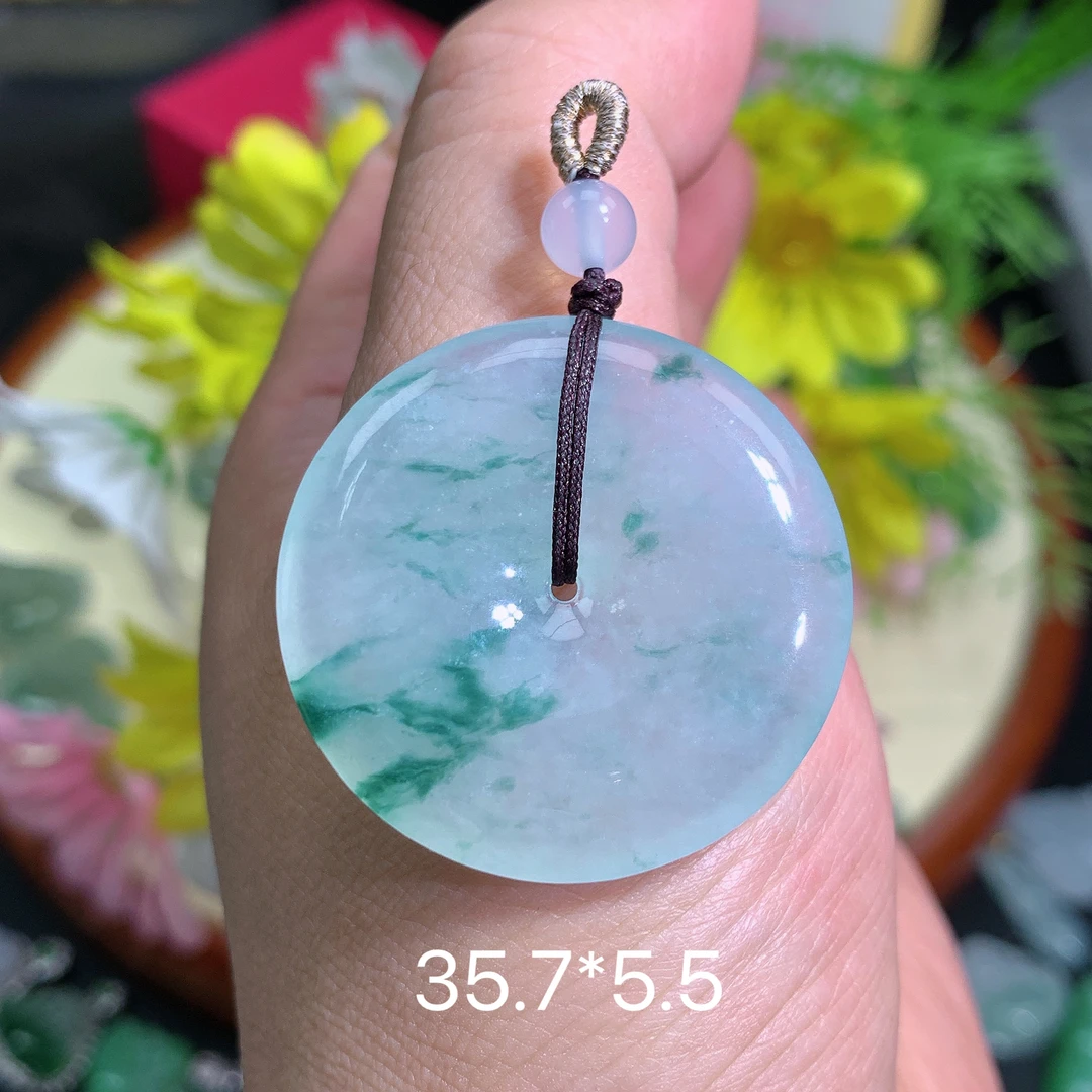 缅甸翡翠A货冰种飘花平安扣品吊坠挂件水润百搭精致玉冰透气质气