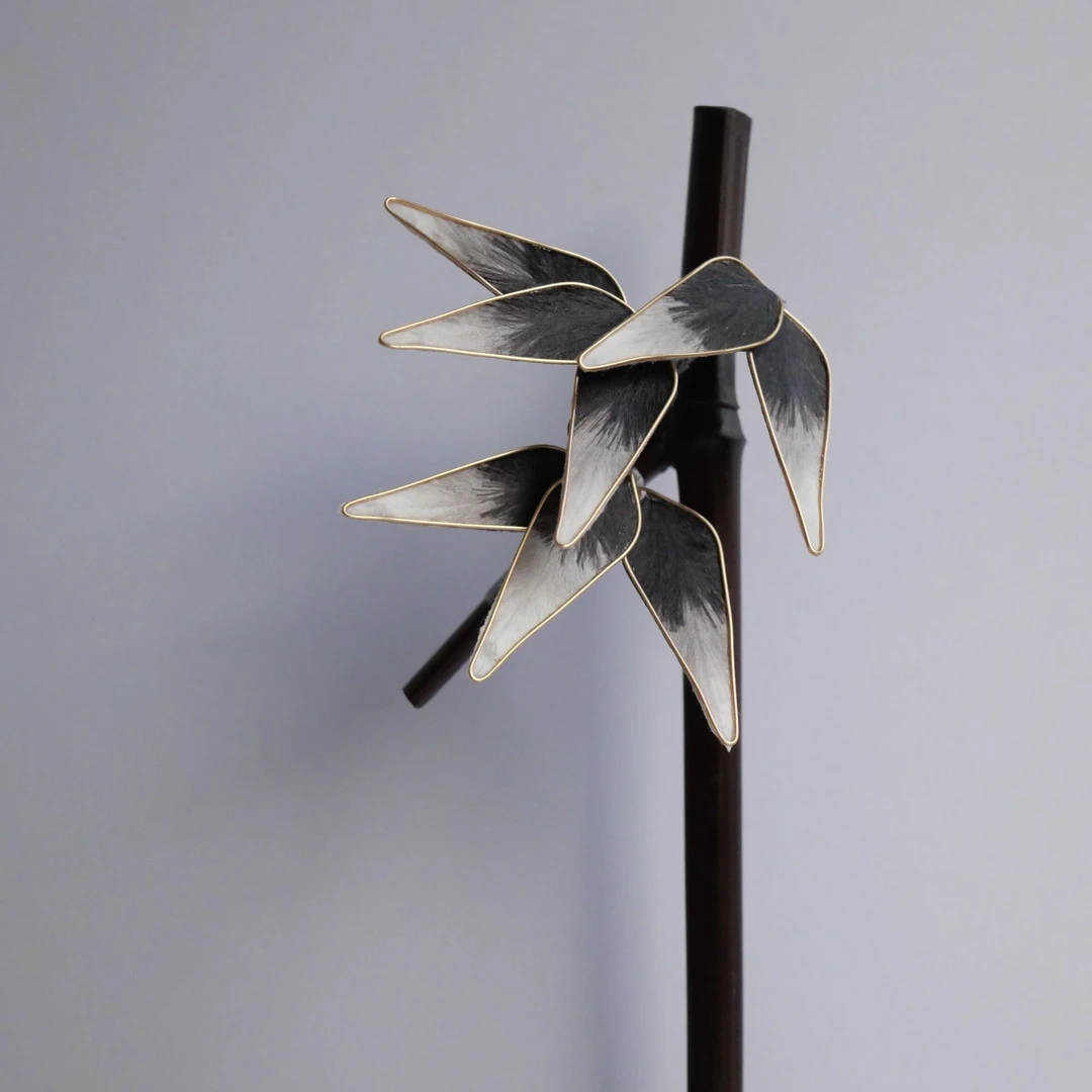 非金属木质胸针 水墨掐丝竹叶绒花发簪胸针