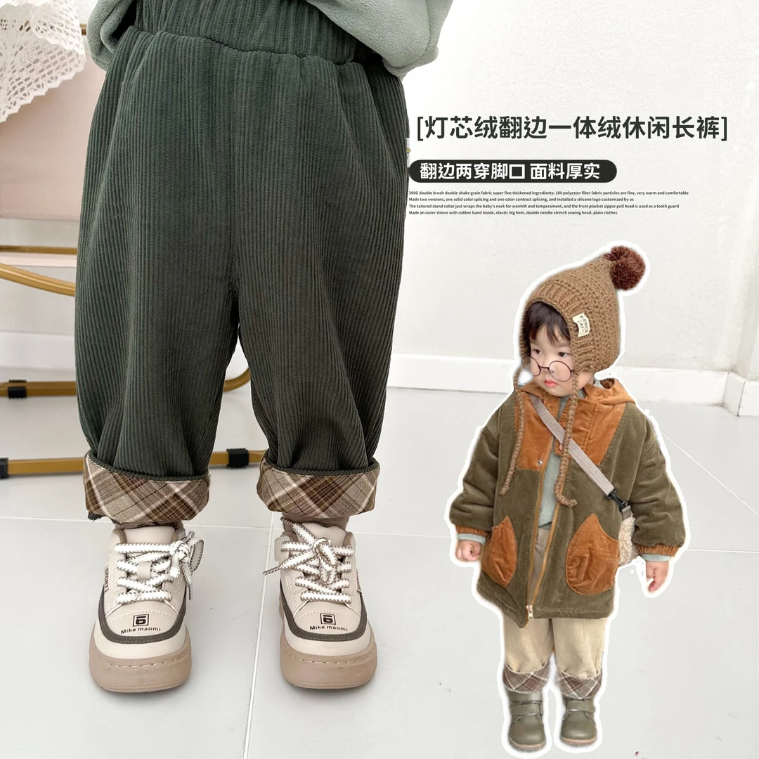 冬装新款男童宽松休闲裤儿童直筒裤宝宝一体绒加绒保暖长裤潮