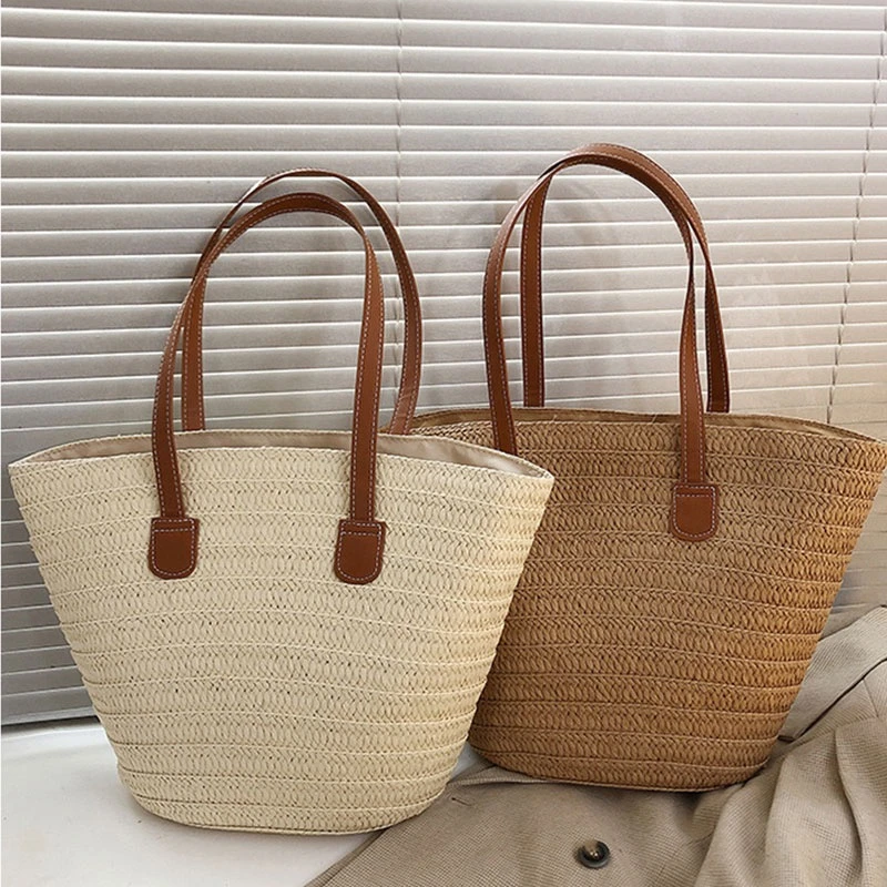 夏天草编包女大容量编制托特包海边沙滩度假草编包时尚通勤水桶包