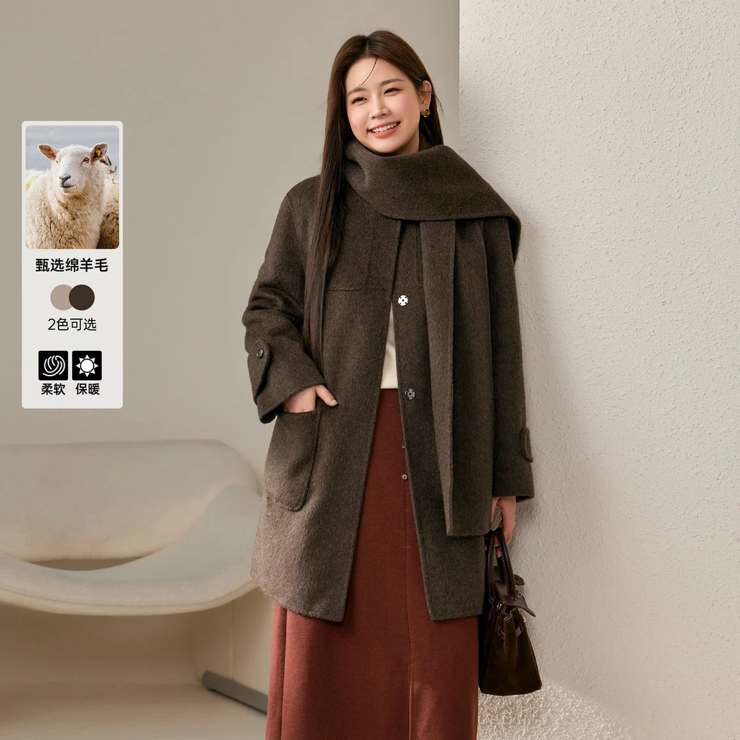 【朗姆热可可】绵羊毛含驼绒微量蚕丝围巾领毛呢外套QJ2197