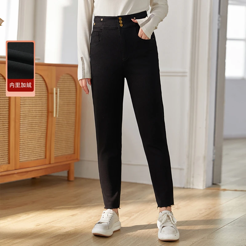 【加绒】纤莉秀秋冬新款大码女装胖MM百搭修身热力感牛仔裤QI5138
