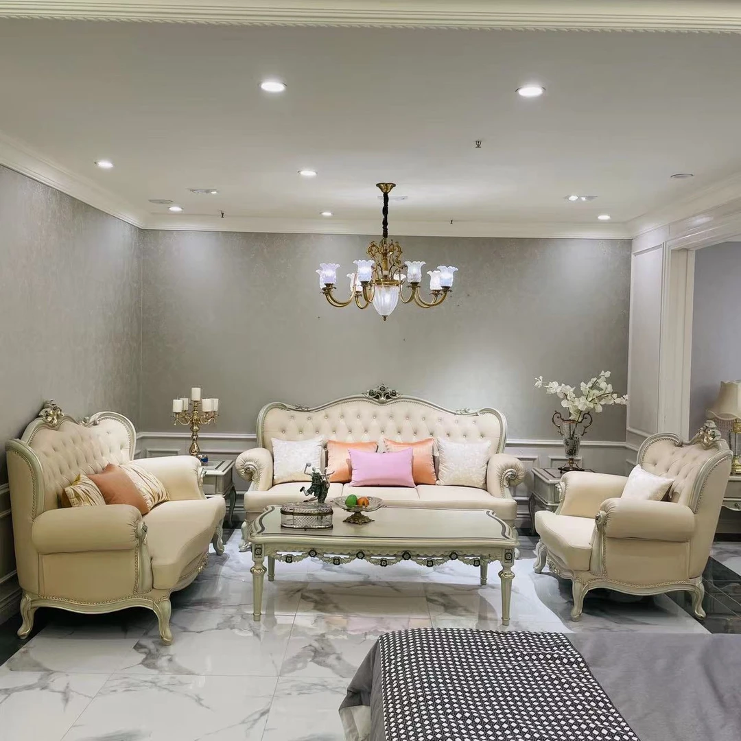 宝居乐欧式法式沙发桃花芯木实木框架头层牛皮雕花卧室家具DC8611