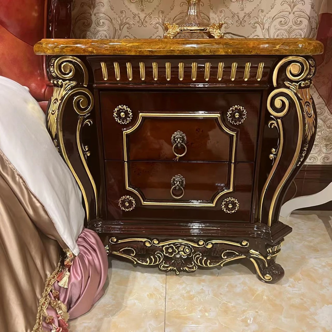 F66床头柜668*430*675欧式别墅奢华古典金箔雕花卧室深色钢琴烤漆