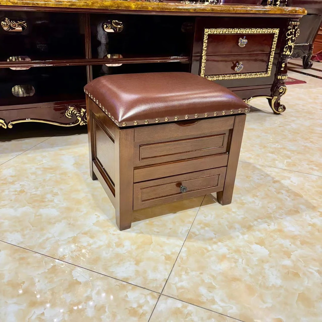 多功能换鞋凳可储物欧式美式深色实木家用客厅小凳子方形复古