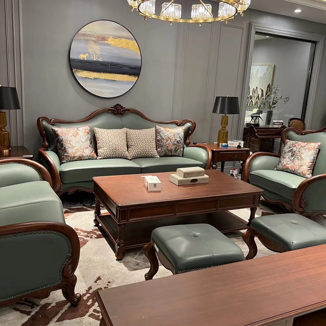 MJ503美式沙发1+2+3简美皮艺客厅复古欧式古典奢华别墅深色配套