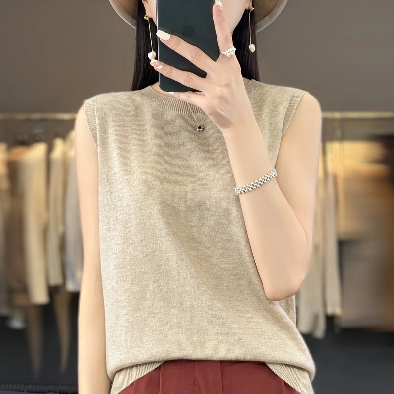 68支精纺羊毛女士圆领打底针织纯色精纺绵羊毛无袖背心