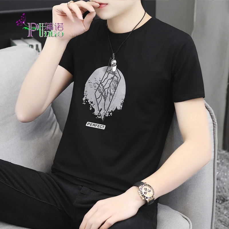 Punuo蒲诺 高品质夏季新疆棉韩版刺绣男士3D印花ins风短袖T恤男装