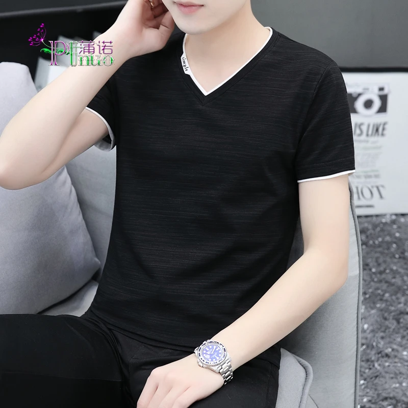 Punuo蒲诺 高品质夏季新疆棉冰丝凉爽纯色男士V领ins短袖T恤男装