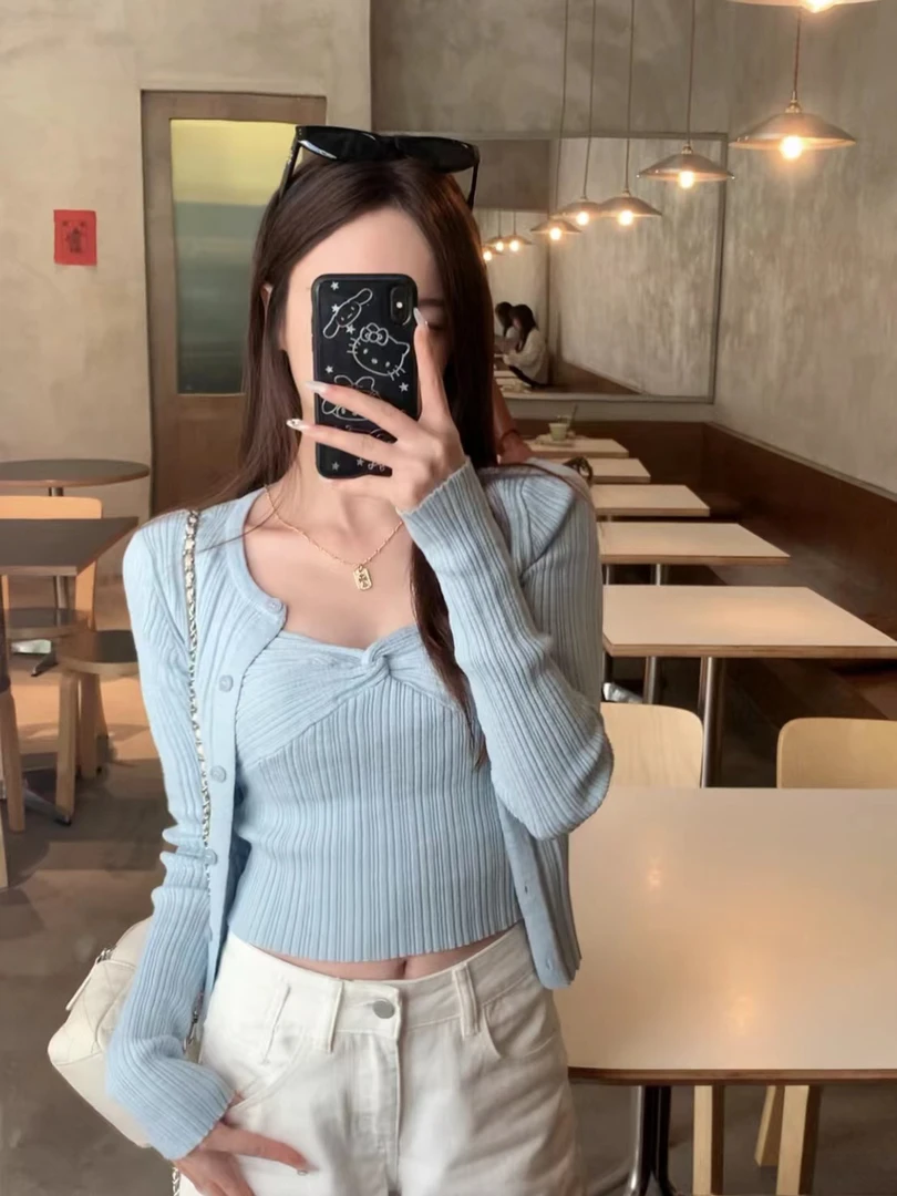 【纯氧女孩】秋日蓝色温柔纯欲系显白显瘦纽结百搭开衫套装