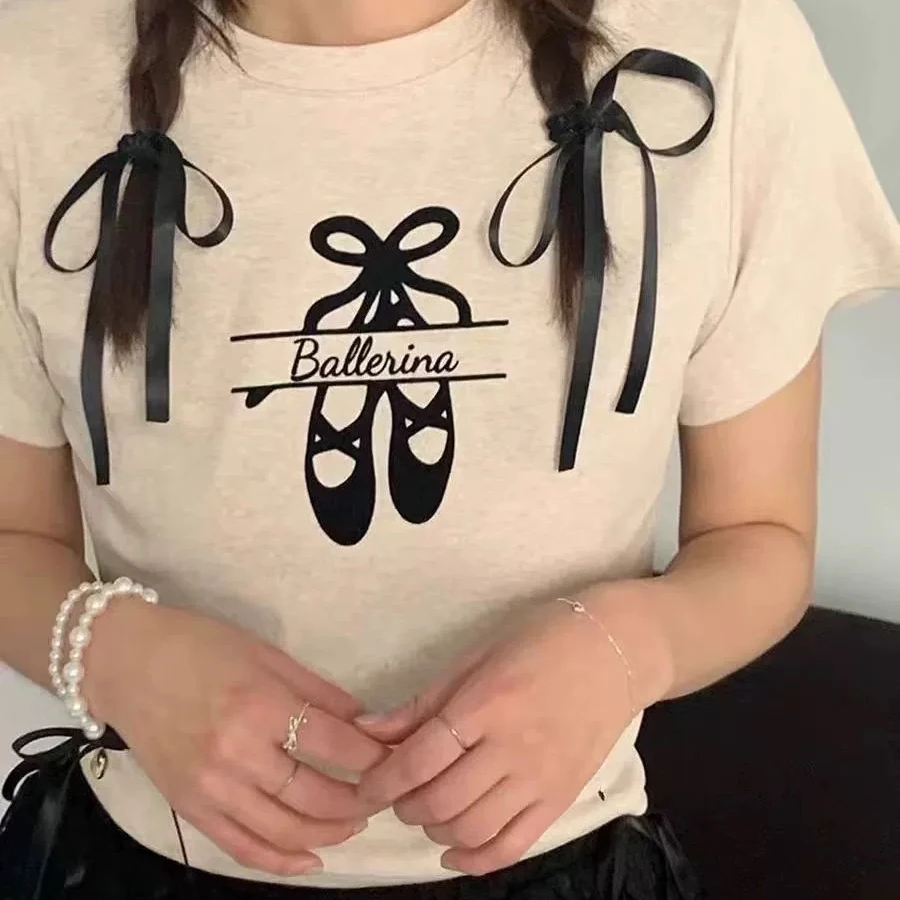 韩国清凉代购morethan2024春新设计感蝴蝶结芭蕾舞鞋短袖T恤