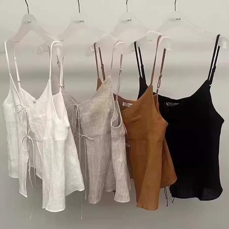 韩国东大门代购 London flat 2024夏新款四色显瘦设计感系带吊带