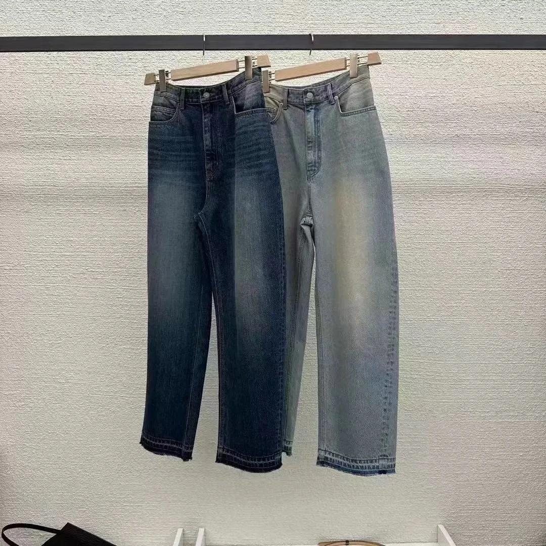 韩国东大门代购at the bagel 2024春复古水洗毛边直筒阔腿牛仔裤