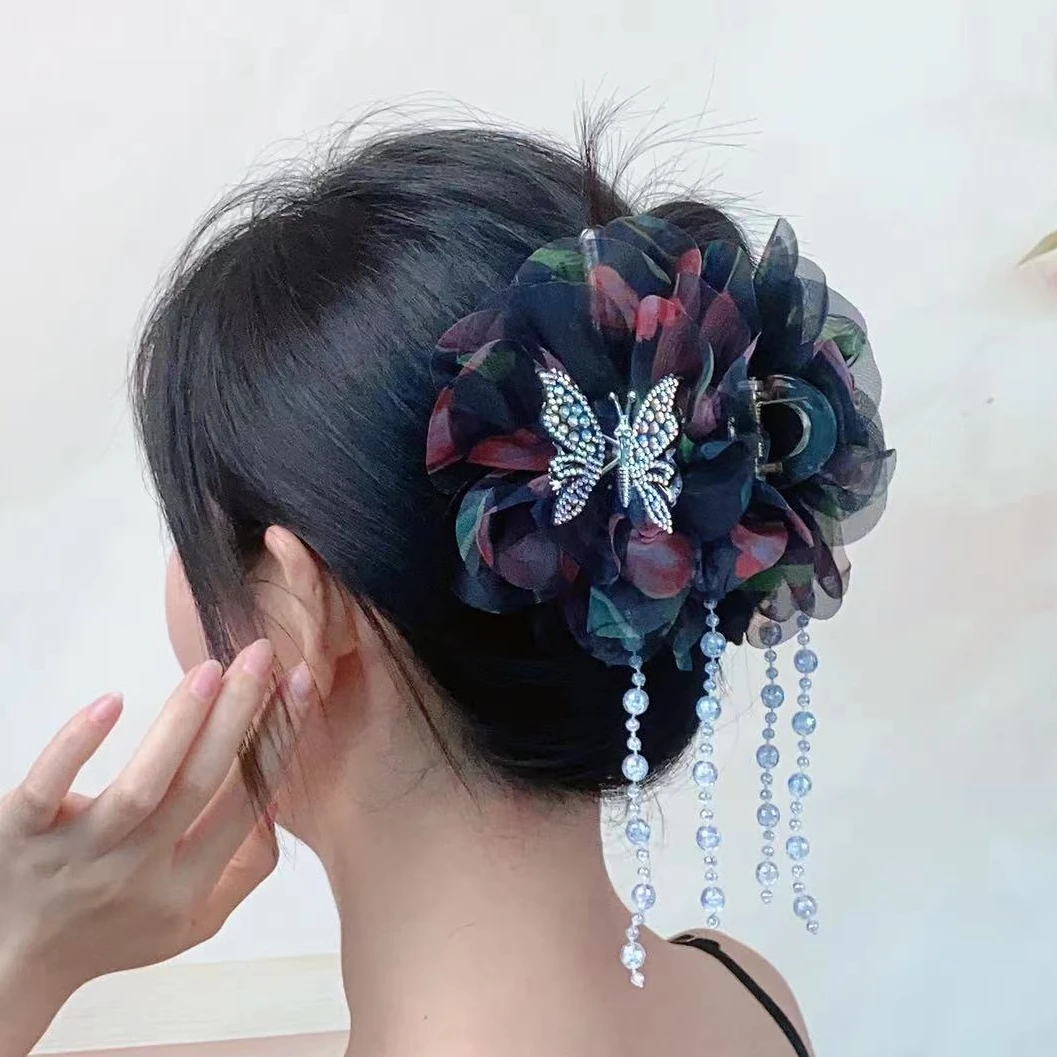 网红新款百搭蝴蝶流苏抓夹新中式超仙灵动时尚气质多层显发量韩版