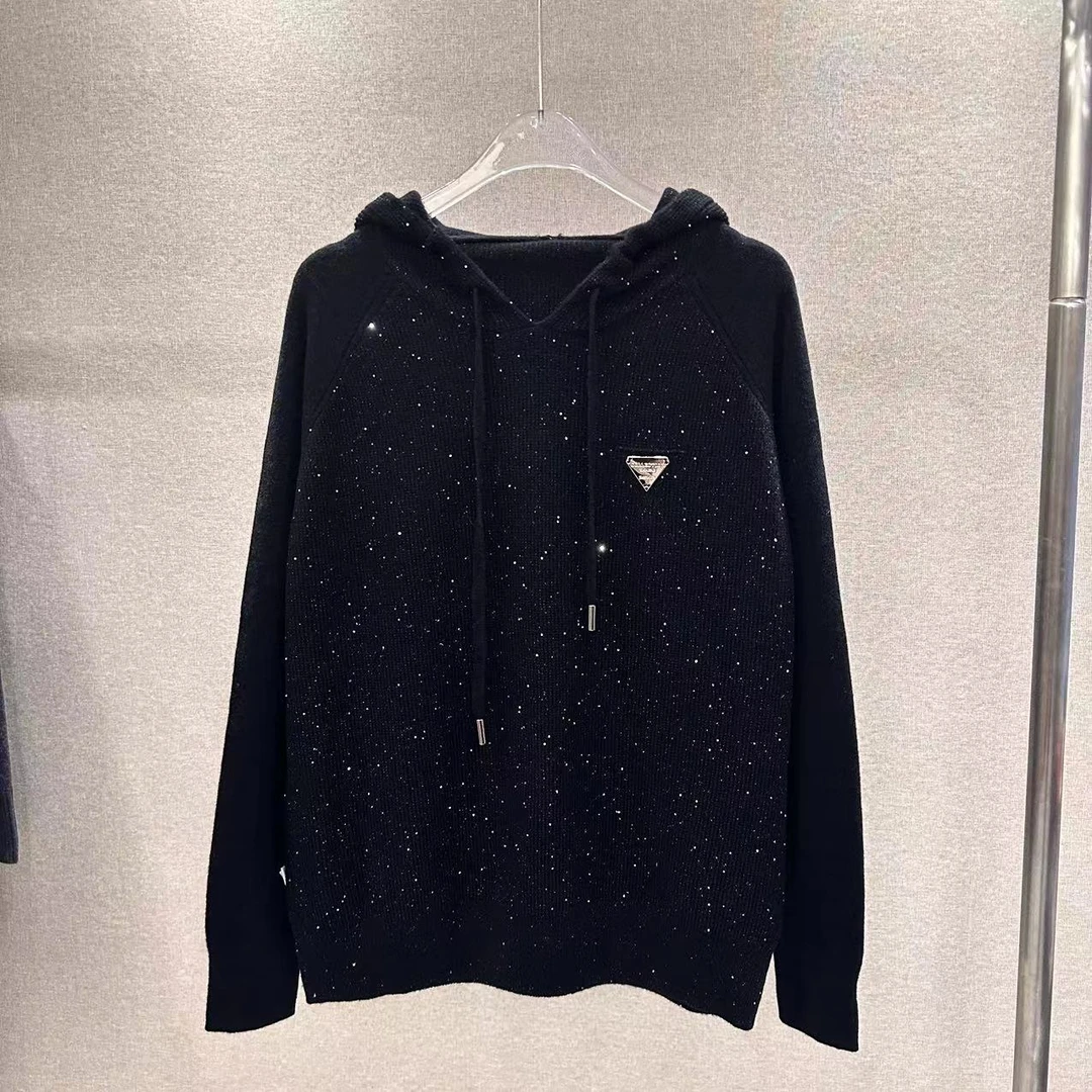 秋冬新款连帽亮片闪闪帽衫套头毛衣上衣女