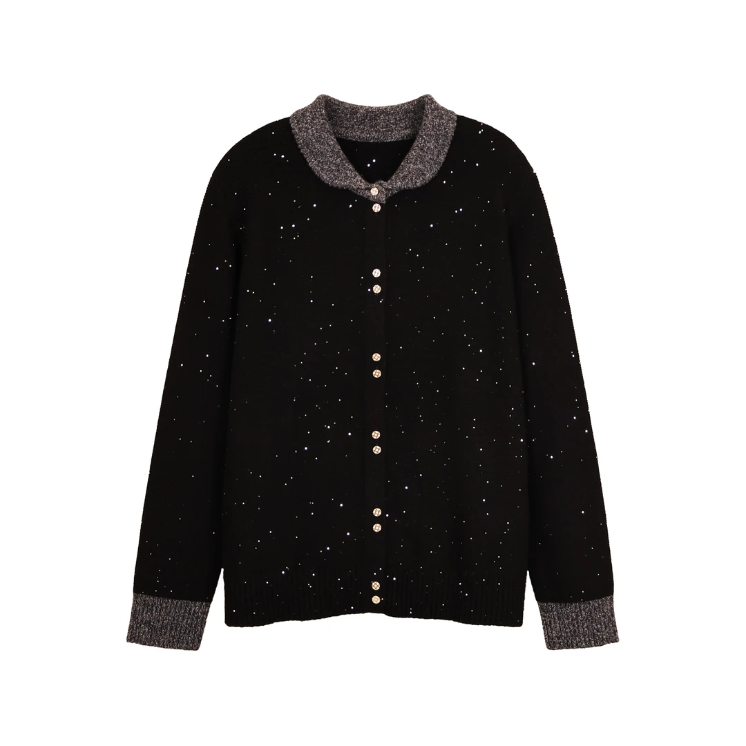 冬季新款翻领亮片纽扣长袖时尚百搭毛衣上衣女