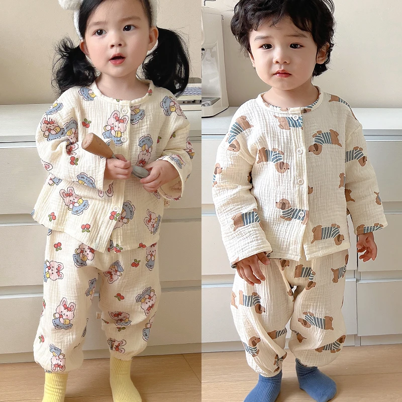 儿童睡衣女童春秋季纯棉纱布薄款长袖小男孩中大童夏季家居服套装