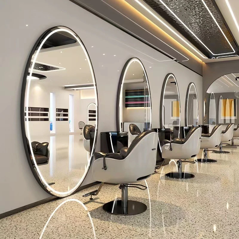 鹅蛋椭圆理发店单面镜台发廊专用挂墙理发镜美发店带灯剪发镜子