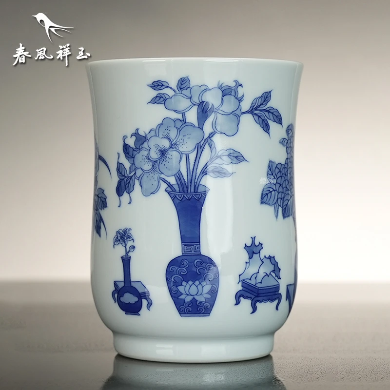 景德镇 春风祥玉 邹俊窑制 八字款 青花 博古 大桶杯 文玩探宝