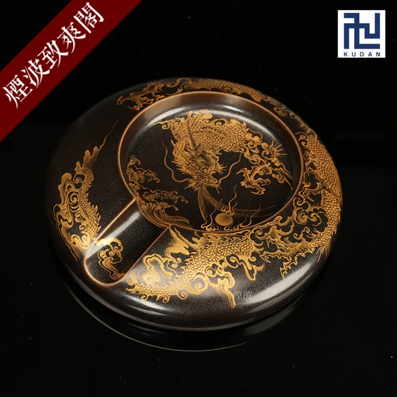 景德镇 九段烧 妙手燔功款  银星黑釉 手绘本金盘龙 雪茄缸