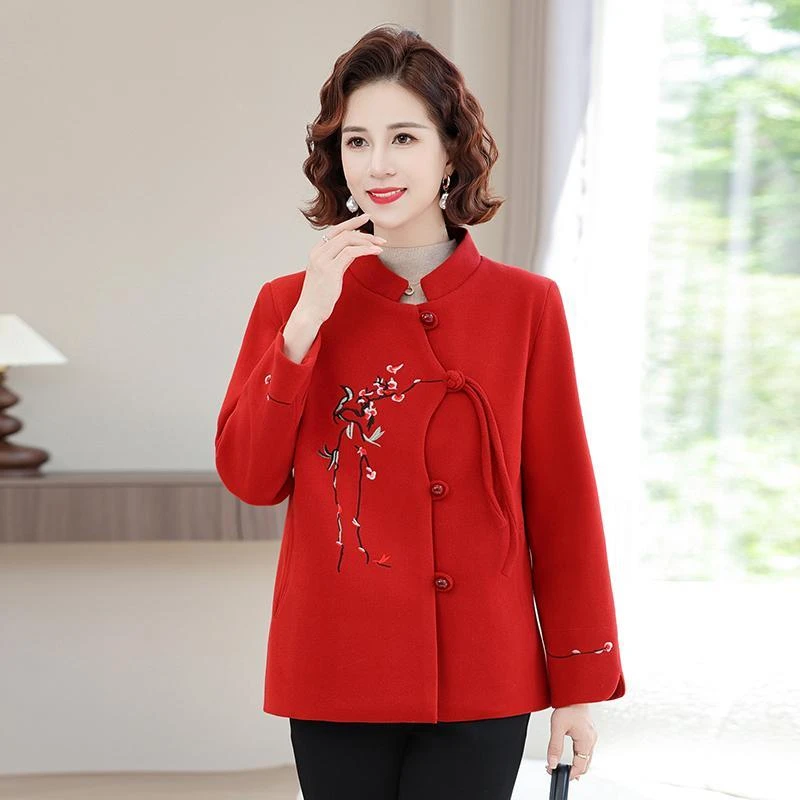 妈妈秋冬2024新款绣花洋气毛呢外套中老年新中式气质国风呢子上衣
