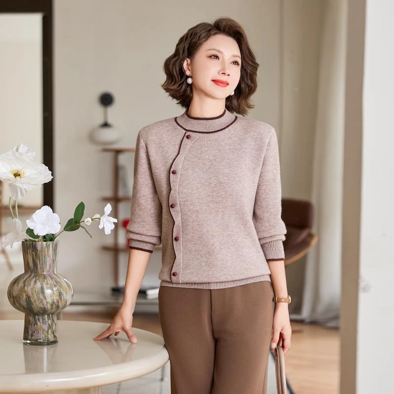 中老年女新款加绒加厚保暖毛衣妈妈针织衫一体绒假两件洋气打底衫