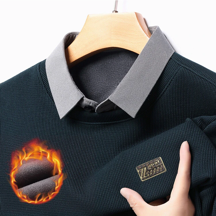 冬季新款加绒加厚圆领假两件长袖t恤时尚保暖百搭针织打底衫