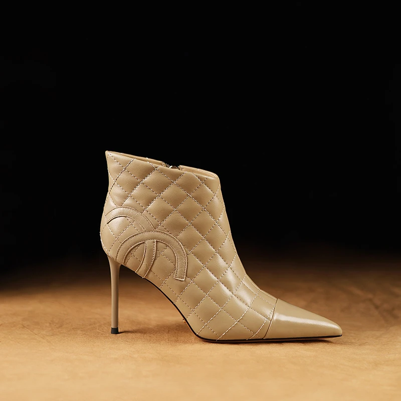 「平替好物」洋气细跟短靴高档真皮品牌女鞋冬季新款小香风高跟踝靴