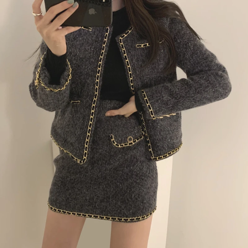 大码女装秋冬新款胖mm显瘦名媛小香风套装呢外套半身裙毛呢两件套