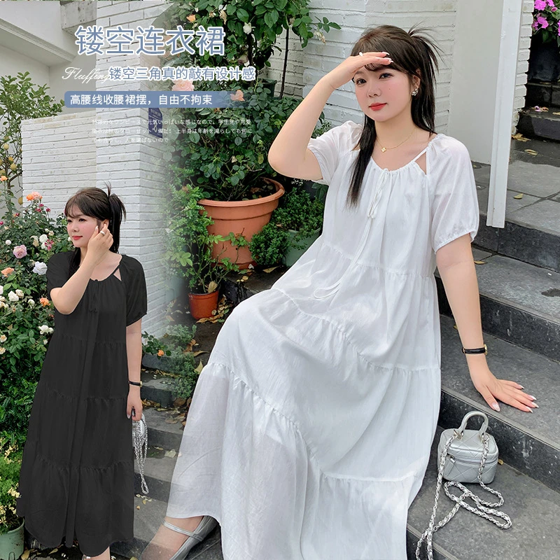 大码女装女款甜美纯欲风镂空连衣裙长款夏季新款遮肉垂感蛋糕裙