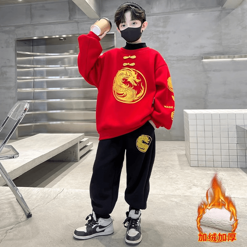 NY男童加绒喜庆拜年服套装冬装新款中大儿童红色本命龙年卫衣汉服