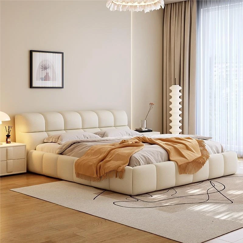 泡芙床意式简约奶油风双人主卧大床软包可定制绒布落地储物婚床