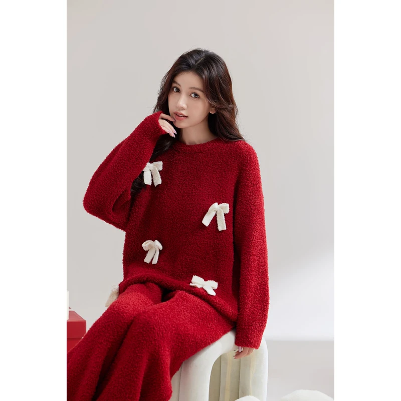 Dreamhaos 秋冬季保暖加绒舒适居家可爱蝴蝶结睡衣保暖搭子女套装