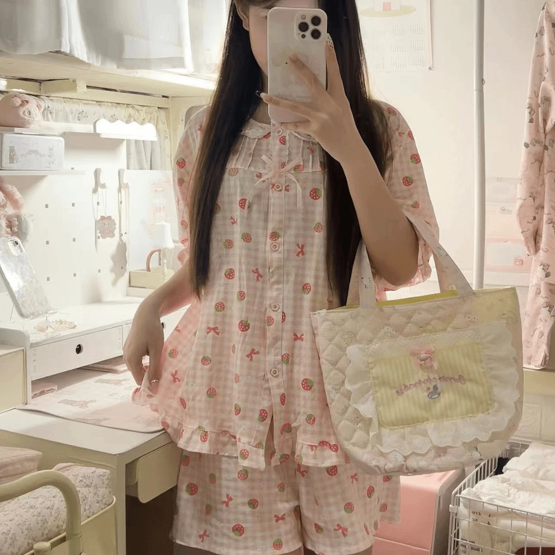 草莓睡衣女夏季纯棉可爱清新日系短袖短裤