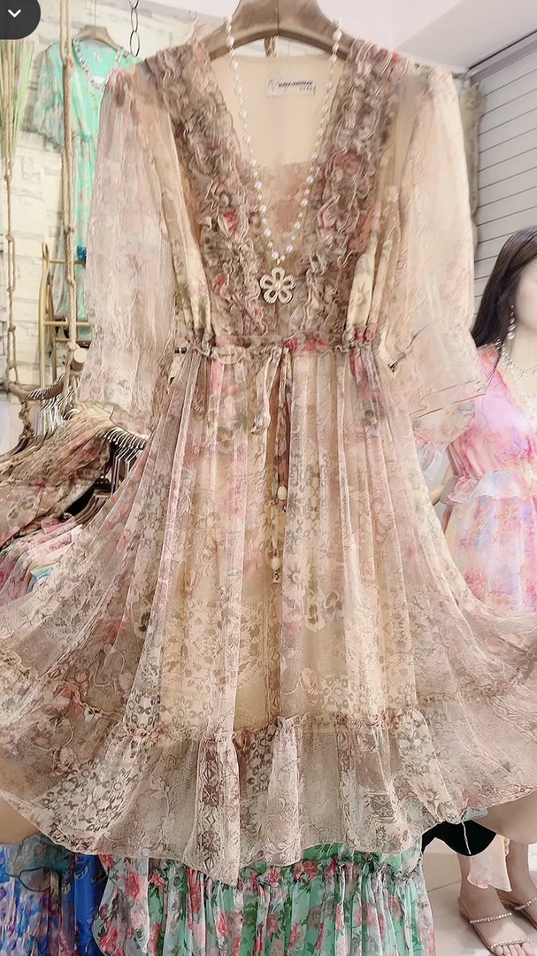 盘花领系列长款显瘦夏季气质连衣裙长裙裙子lolita