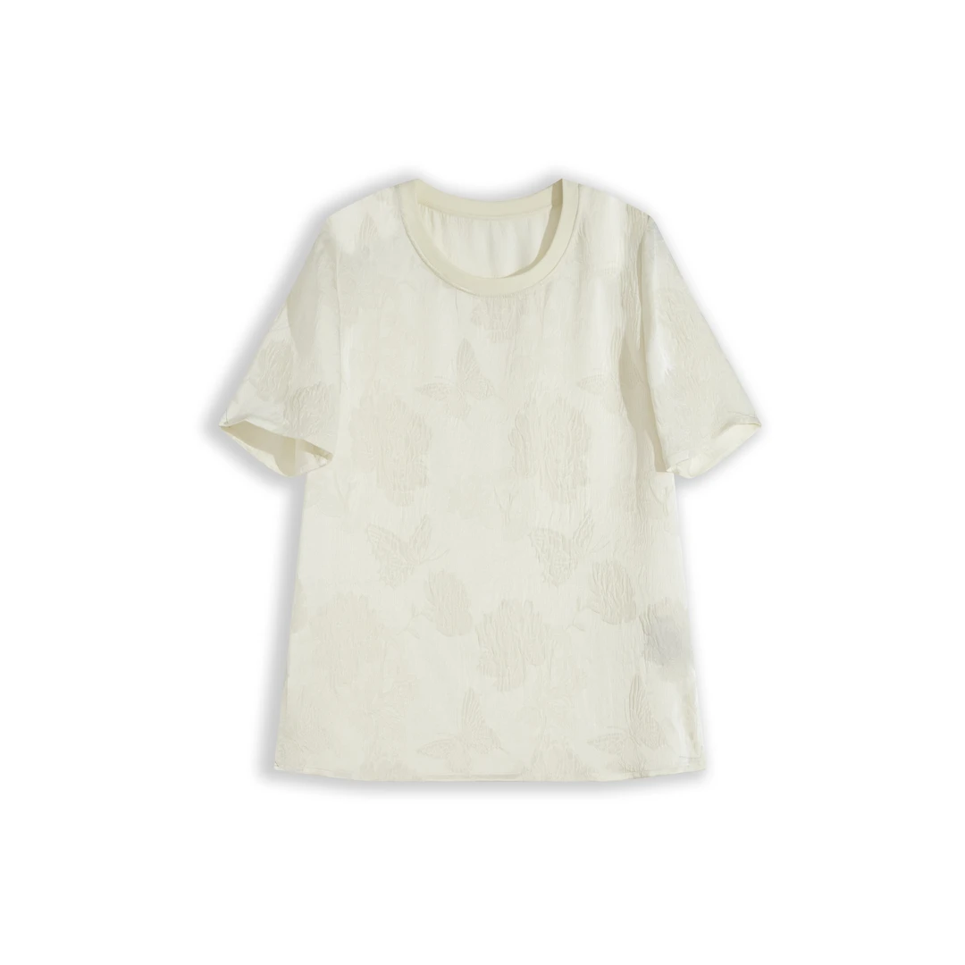 「蝶恋花」夏季圆领女士桑蚕丝冠乐绉新中式短袖T恤XYD23512