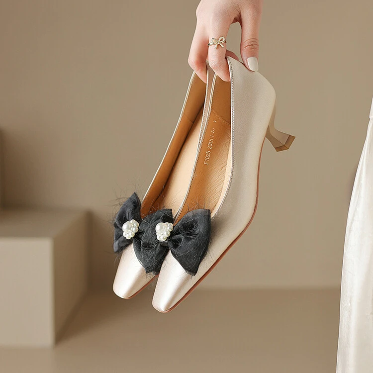 2023秋新款单鞋女蝴蝶结高跟鞋女士细跟工作鞋浅口百搭气质软爆款