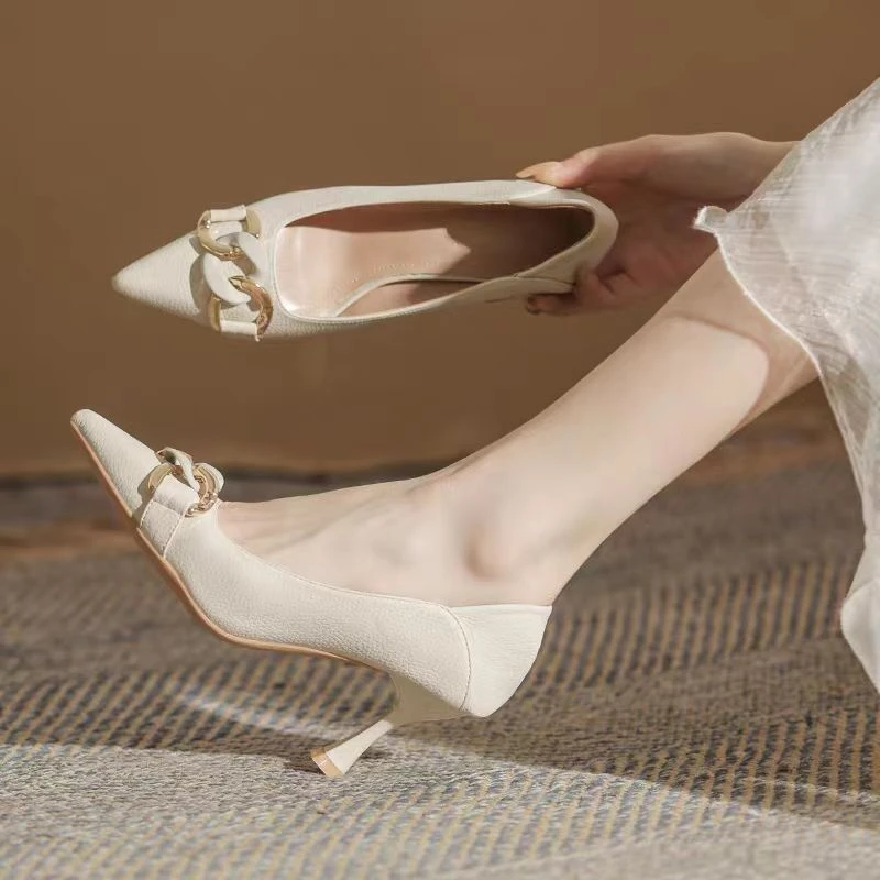 高跟鞋女2025年春季新款设计感尖头细跟单鞋软皮浅口女鞋职业工作