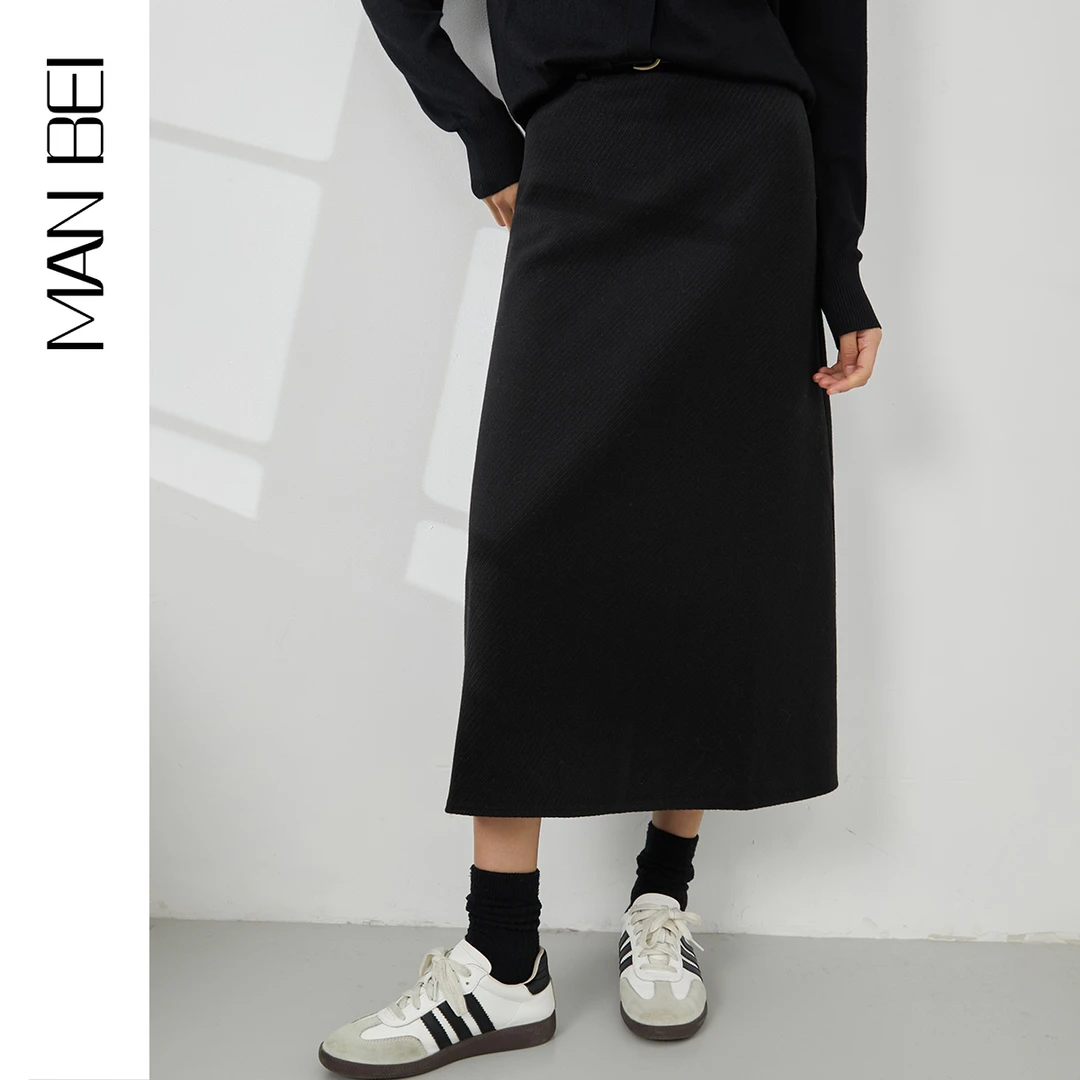 MAN BEI/曼·贝8364020显瘦半身裙女士新款中长款过膝毛呢裙休闲