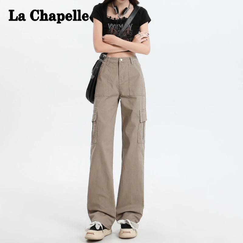 拉夏贝尔卡其色美式工装裤女款2024新款高腰多口袋时尚百搭窄版直