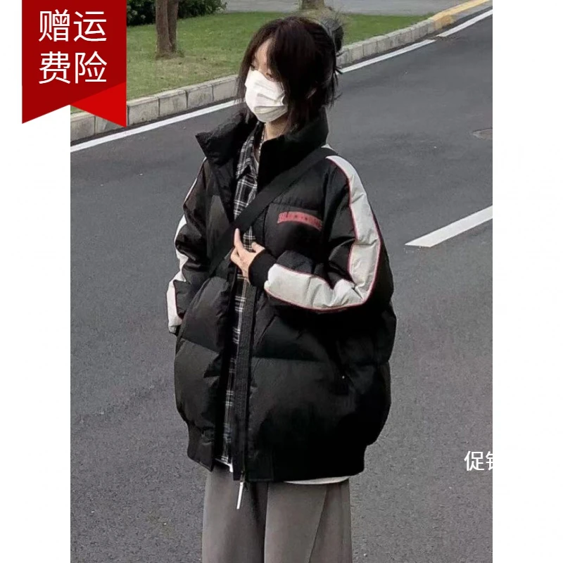 韩版拼色字母刺绣潮牌棉服女冬季新款立领加厚宽松学生外套面包服