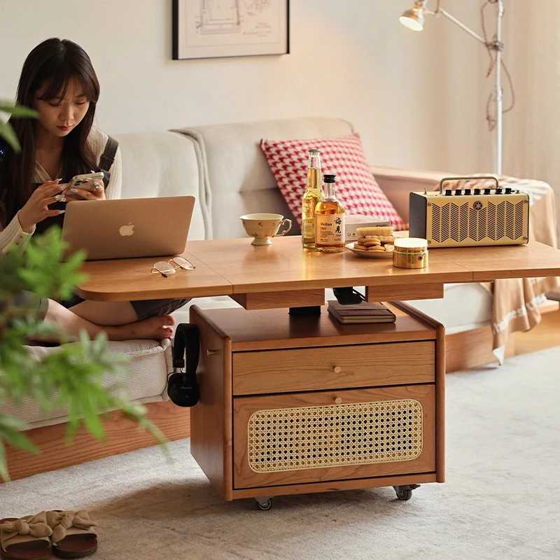 实木移动升降折叠茶几樱桃木餐桌茶桌两用小户型客厅沙发角几边几