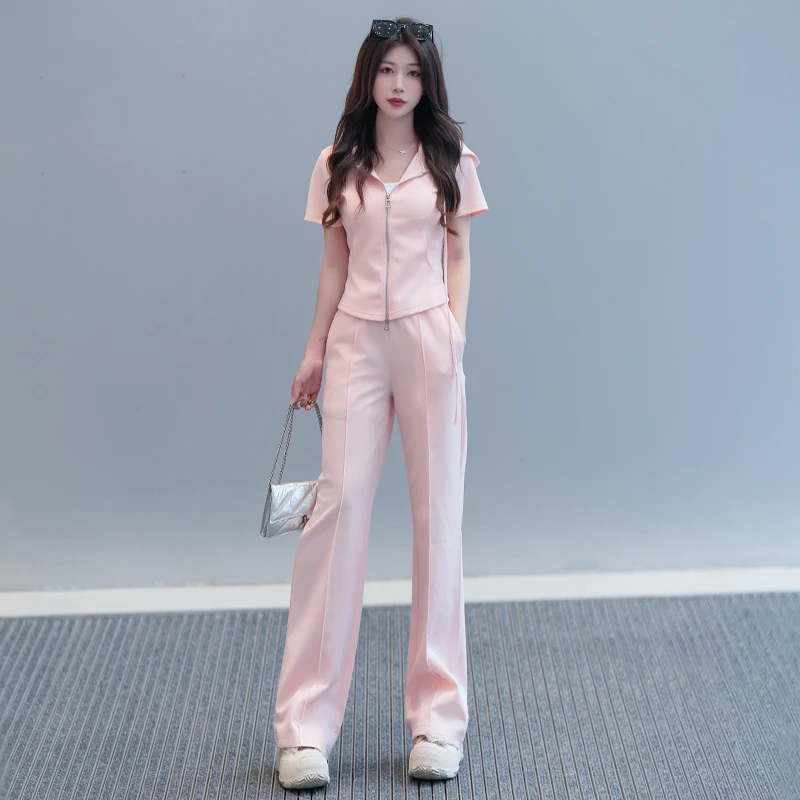 薏丝妮韩版休闲运动套装女夏时髦洋气连帽修身短袖T阔腿裤两件套