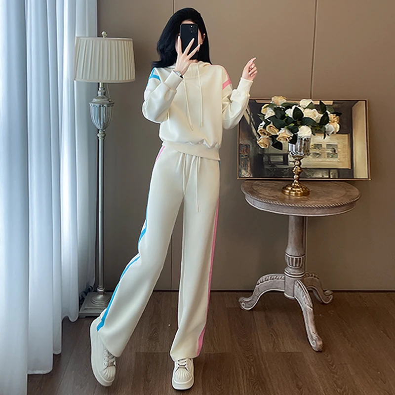 2024女秋季新款高级感休闲运动套装撞色拼接连帽卫衣阔腿裤两件套