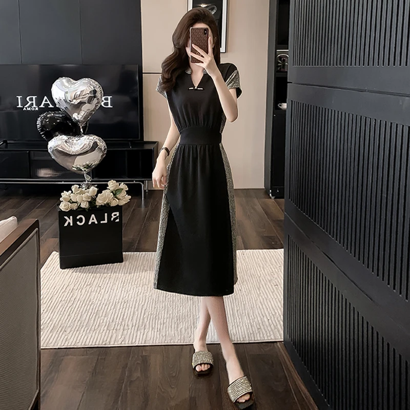 薏丝妮高端气质修身显瘦精致连衣裙女夏季国风盘扣收腰拼接中长裙