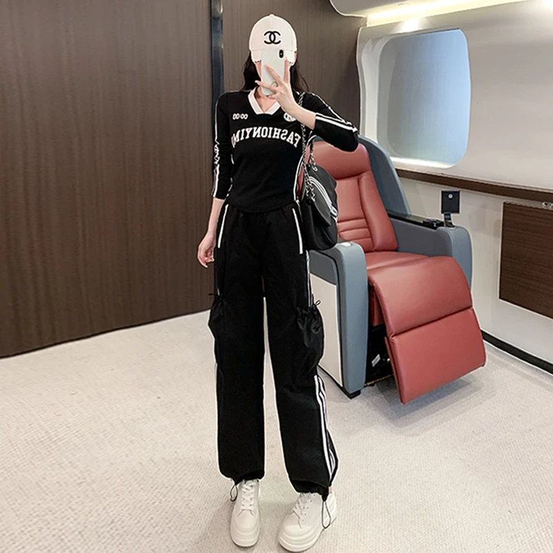 高级感时尚辣妹套装女秋新款洋气时髦显瘦拼色V领印花卫衣两件套